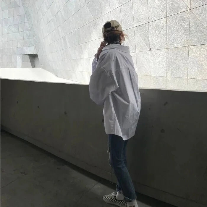 RBB Women's Oversized Minimalist White Shirt – Long Sleeve Button-Up Tunic Blouse