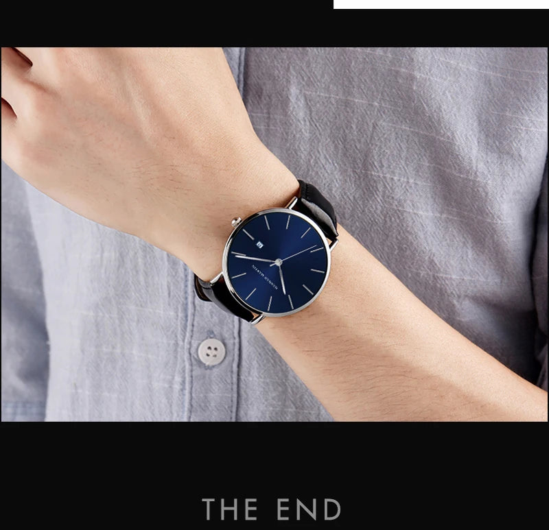 RBB Classic Bauhaus Men's Ultra-Thin Quartz Watch – Dark Blue Dial, Stainless Steel, Waterproof, Calendar Function