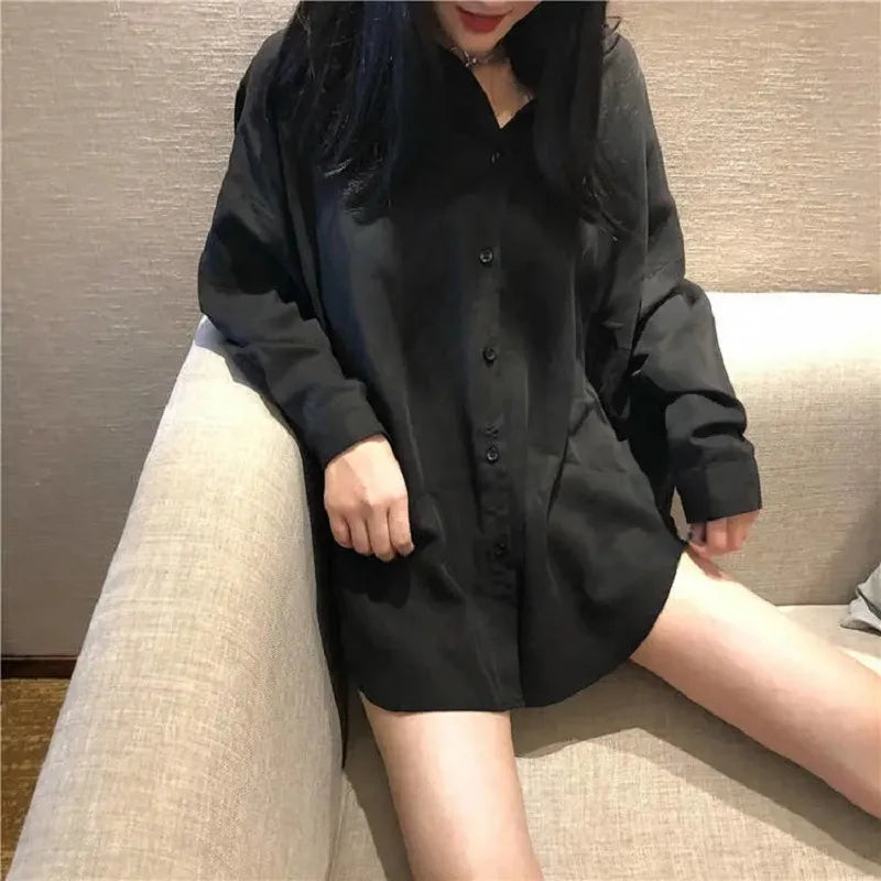 RBB Women's Oversized Minimalist White Shirt – Long Sleeve Button-Up Tunic Blouse