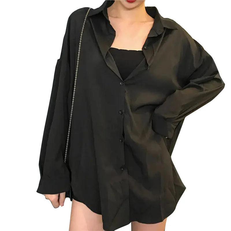 RBB Women's Oversized Minimalist White Shirt – Long Sleeve Button-Up Tunic Blouse