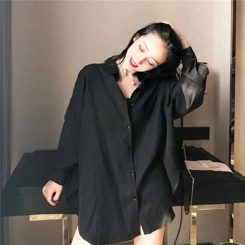 RBB Women's Oversized Minimalist White Shirt – Long Sleeve Button-Up Tunic Blouse