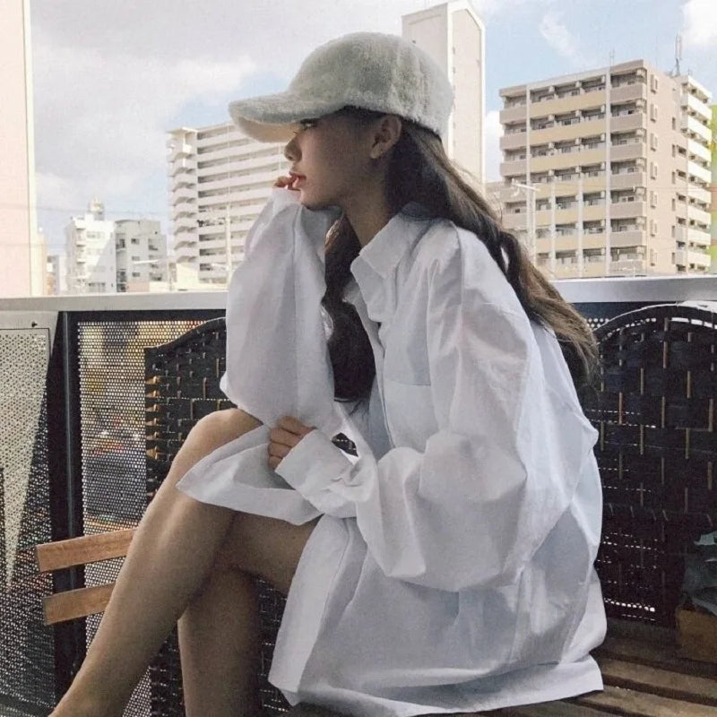 RBB Women's Oversized Minimalist White Shirt – Long Sleeve Button-Up Tunic Blouse