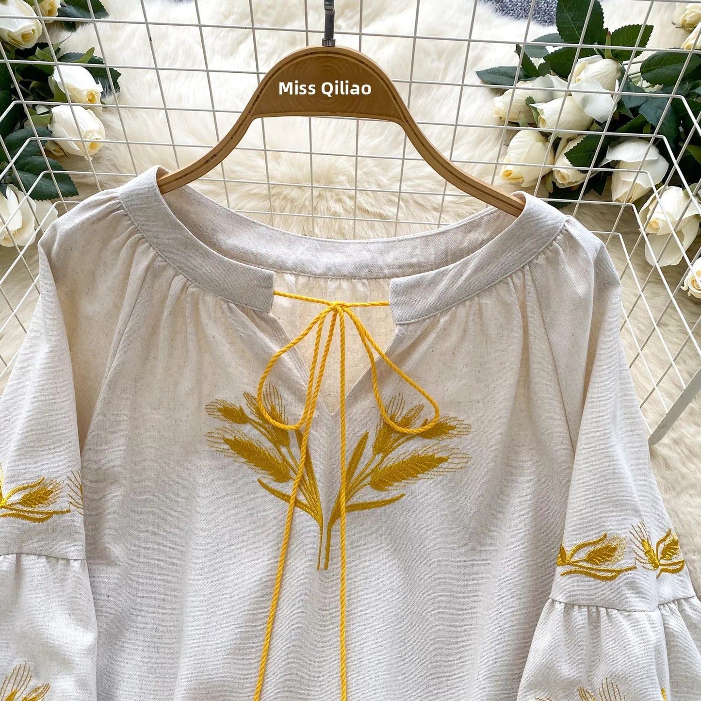 Retro Ethnic Heavy Embroidery Loose Casual round Ne Lantern Sve irt Women's Faionable Base Layer Top