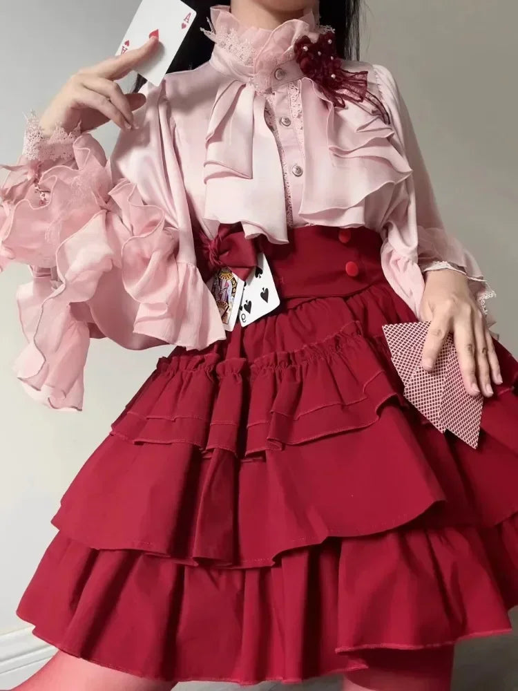 Japanese Kawaii Girl Sweet Cute Lolita Lantern Sleeve Shirt Summer Y2k Aesthetic Lace Patchwork Blouse Top Women JK Loose Blusas