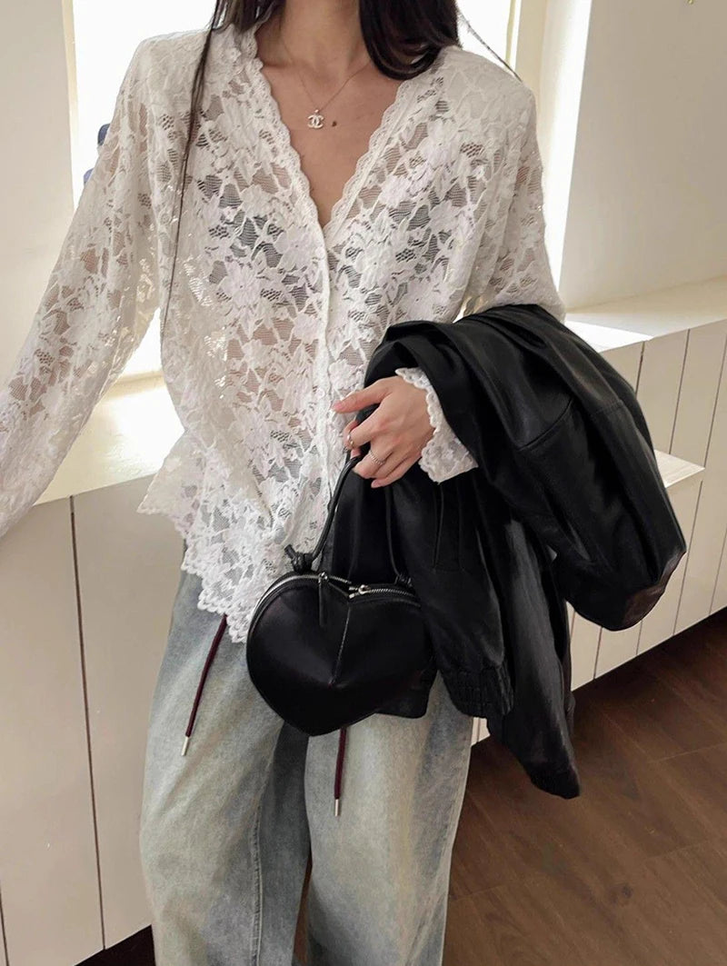 RBB Women's Y2K Lace Sheer Shirt – Sexy Hollow-Out Long Sleeve Streetwear Top