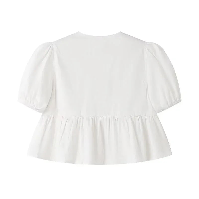 RBB Women's Ruffle Puff Sleeve Blouse – Ruched Crop Top Shirt (White & Black)