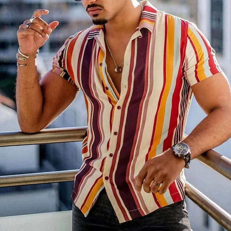 RBB Men's Striped Short Sleeve Button-Up T-Shirt – Turn-Down Collar Casual Summer Fashion Top
