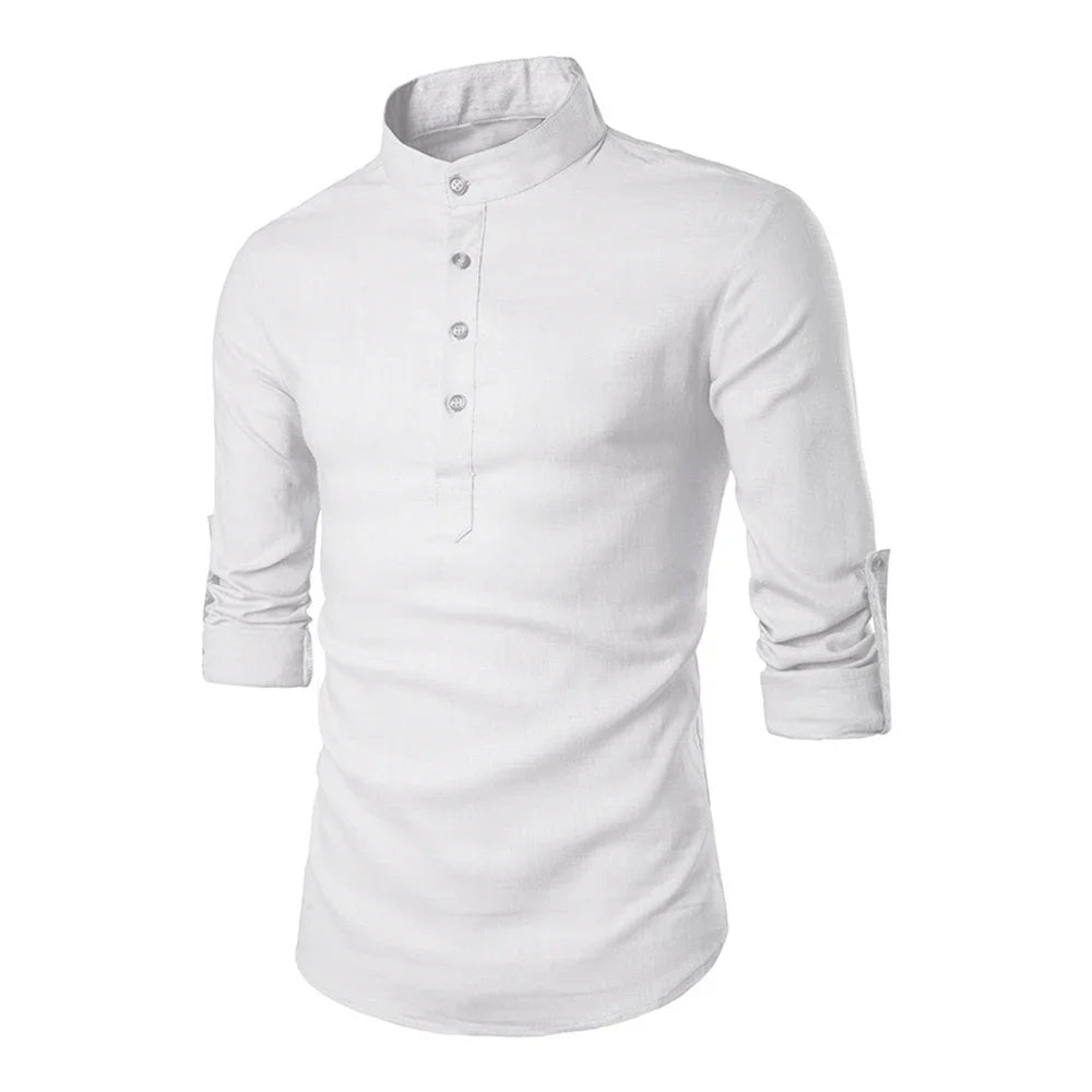 RBB Men’s Cotton Linen Long Sleeve Shirt – Summer Solid Color, Stand-Up Collar