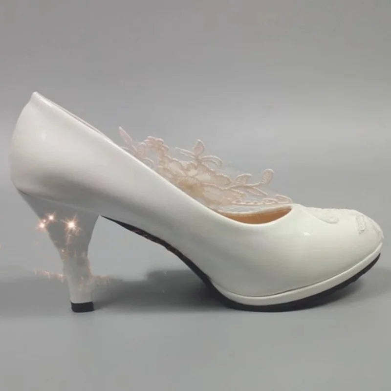 RBB Spring New Round-Toe Waterproof Platform Lace Rhinestone Low-Heel Wedding Shoes – Thin High-Heeled Dress Shoes