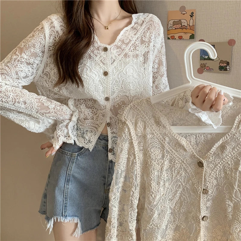 Vintage Summer Lace Blouses Women See Through Sheer Long Sleeve Sun Shirts Korean Style Casual Sun Protection Sexy Ladies Tops