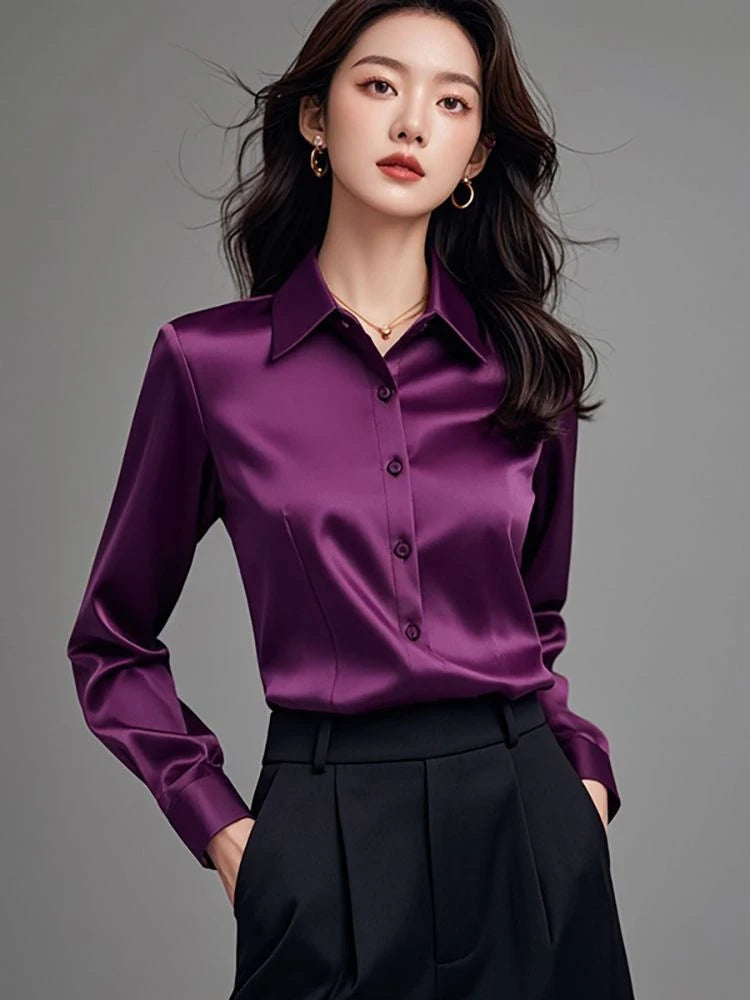 Elegant Silk Office Shirts Women Korean Fashion Y2k Clothes Slim Long Sleeve White Black Blusas Mujer Workwear Tops and Blouses