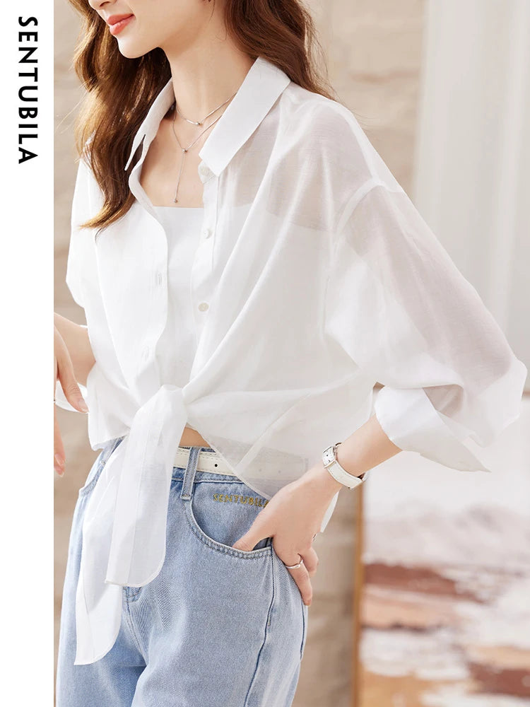 SENTUBILA Sheer Knot Shirts Women 2025 Elegant Casuals Long Drop Sleeve Button Up Shirts & Blouses Female Clothes 132C48674