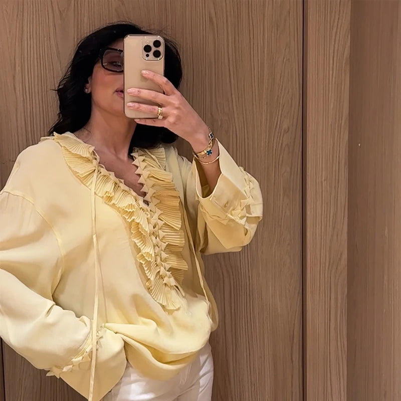 Women Casual Yellow Ruffles Tops Fashion V Neck Lace Up Long Sleeve Loose T Shirt 2025 Summer Lady High Street Commute Clothing
