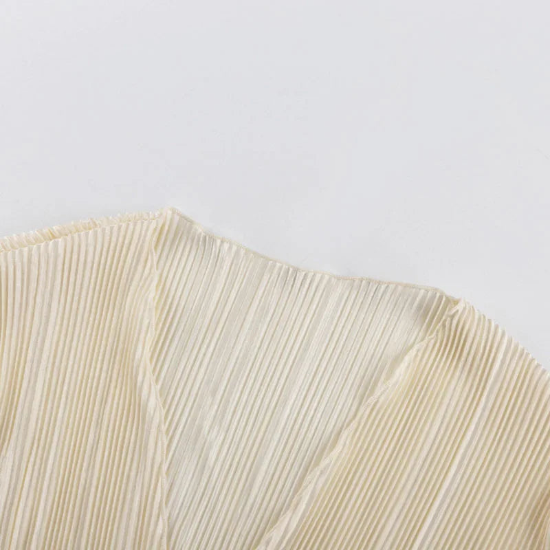 2024 Women Pleated Plain Shirts Spring Fall Chic Long Flare Sleeve V- Neck Tie Up Cardigans Tops for Casual Party Street