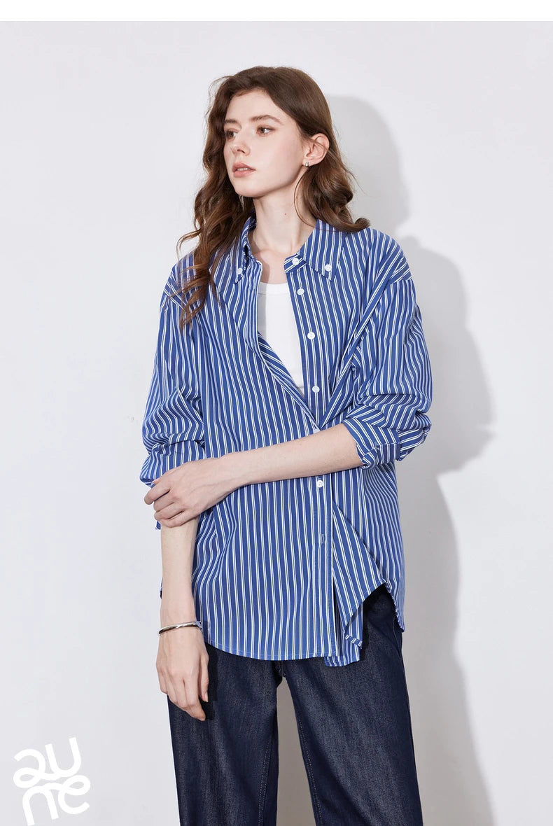 TOYOUTH Women Blouse Shirt 2025 Spring New Lyocell Long Sleeve Striped Cotton Sunscreen OL Shirt Tops