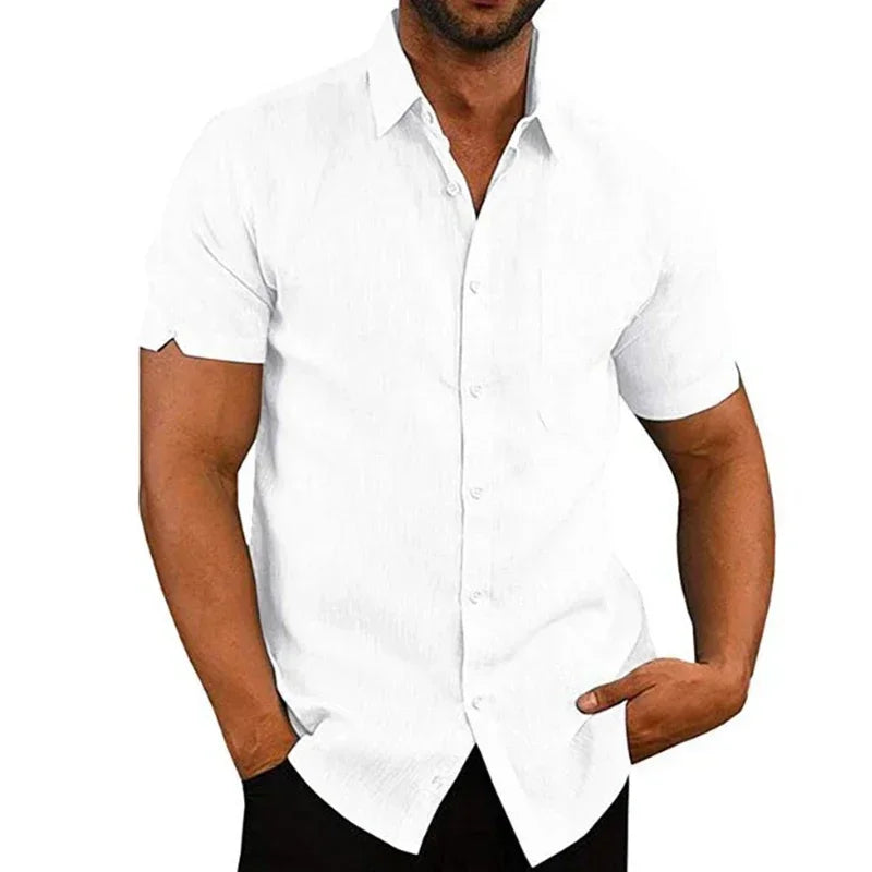 RBB Men’s Summer Cotton Linen Shirt – Short Sleeves, Turn-Down Collar, Casual Beach Style