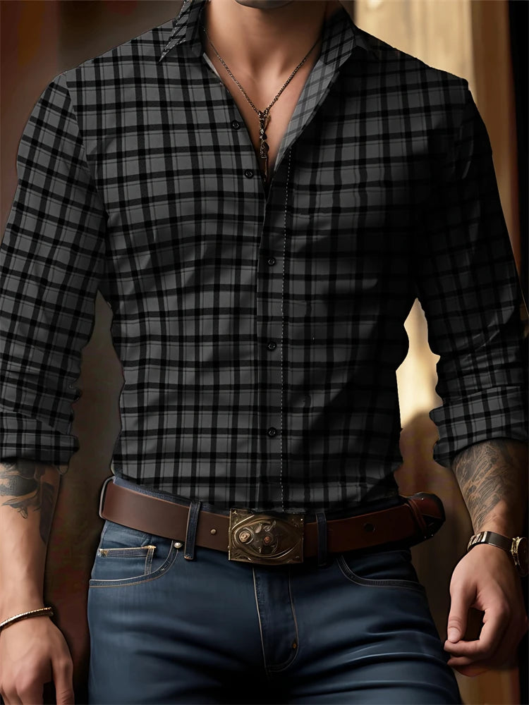 RBB Men’s Check Print Button-Down Shirt – Oversized Streetwear, Long Sleeve