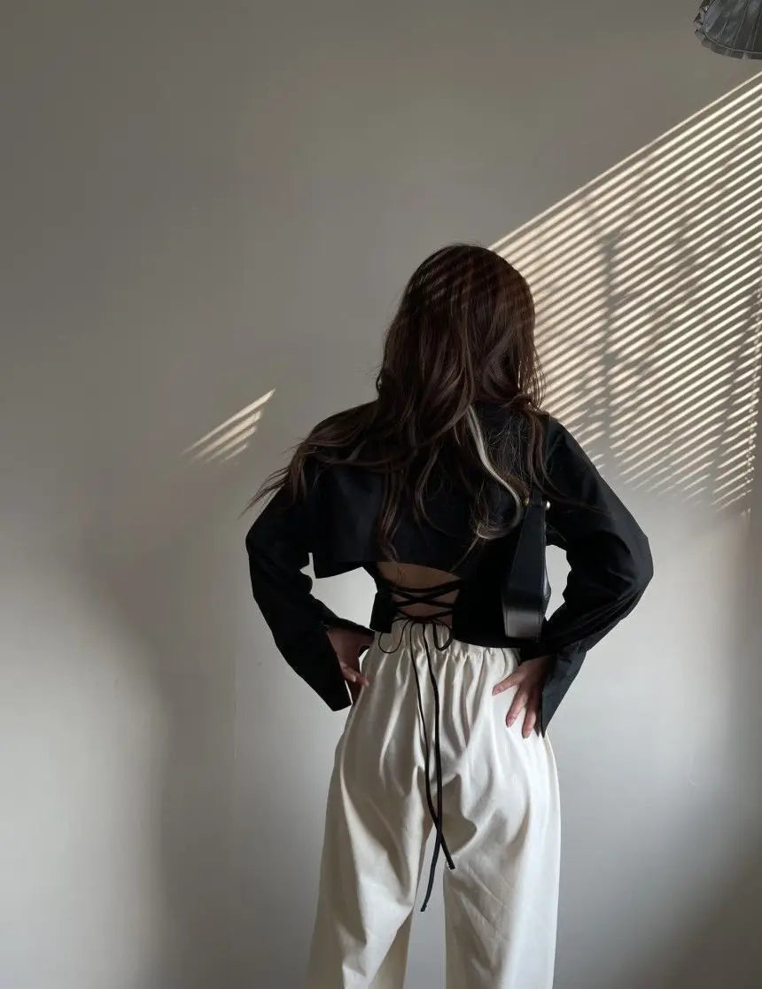 Chic Chiffon Shirts Women Criss-cross Drawstring Backless Trendy Design Turn-down Collar Single Breasted Ladies Solid Crop Tops