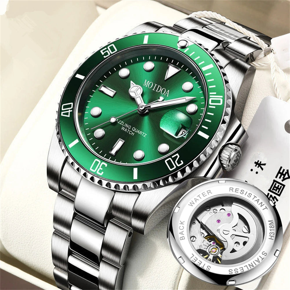 RBB Men's Luxury Sports Watch – Green Dial, Hollow Design, 2024 Quartz Steel Wristwatch