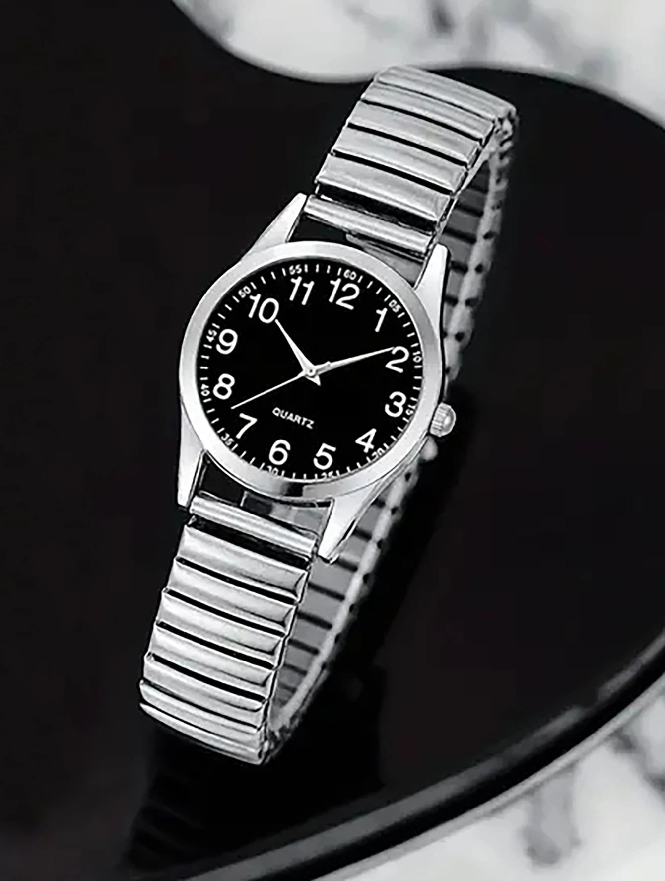 RBB 2PCS Unisex Black Quartz Watch Set – Elastic Band, Arabic Numerals, Matching Couple Watches