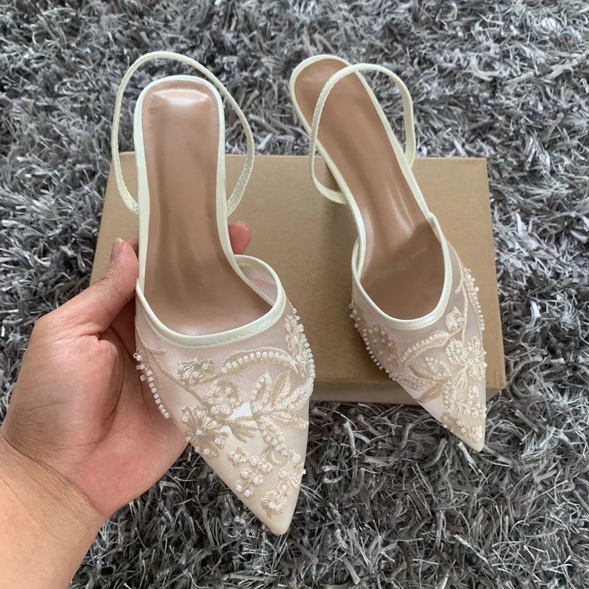 RBB Designer White Wedding Pumps – Embroidered Mesh Floral Slingback High Heels for Women