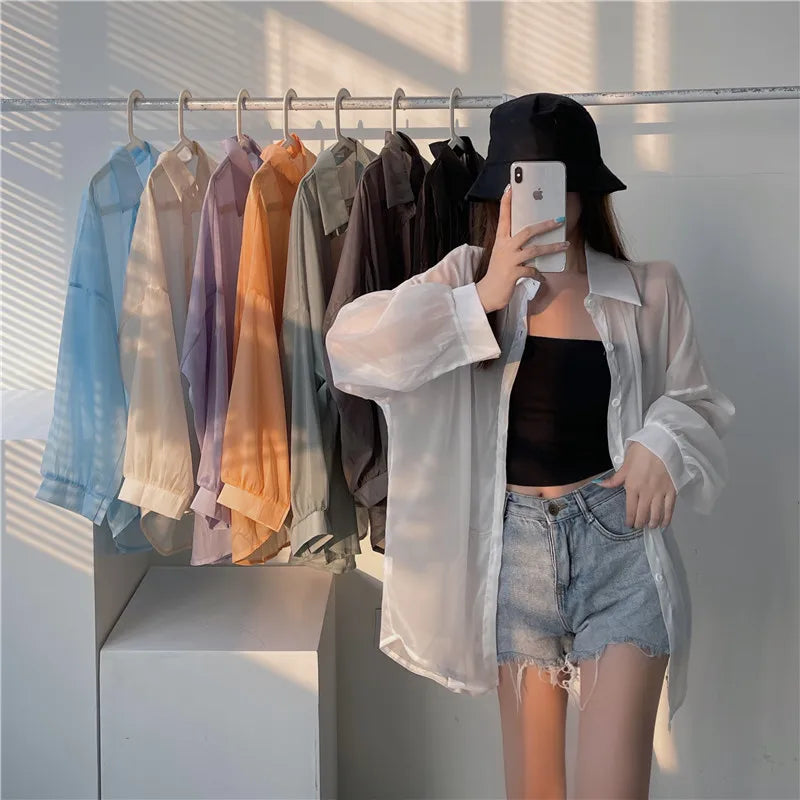 RBB Women’s Semi-Sheer Shimmer Long Sleeve Shirt – Lightweight Button-Down Collared Top for Spring/Summer