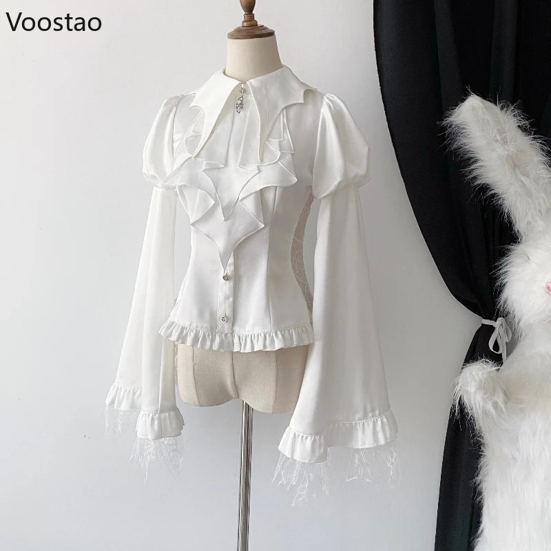Victorian Vintage Lolita Style Shirt Women Casual Gothic Mesh Lantern Sleeve Slim Blouse Female Y2k Aesthetic Kawaii Tops Blusas