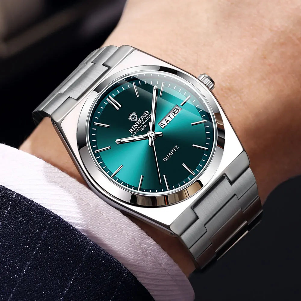RBB Men’s Luxury Quartz Watch – Stainless Steel, Double Calendar, Waterproof, Business & Leisure Style