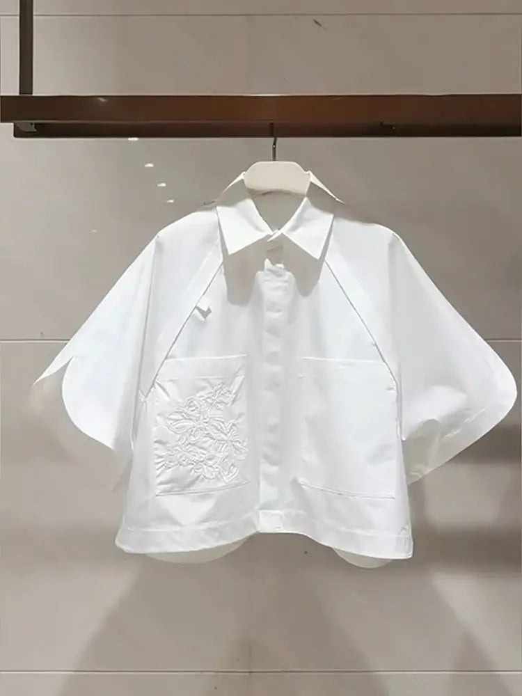 2025 Summer Short Blouses Half Sleeve Embroidered Short Sleeve Top Flip Collar Loose Bat Sleeve White Shirt For Women