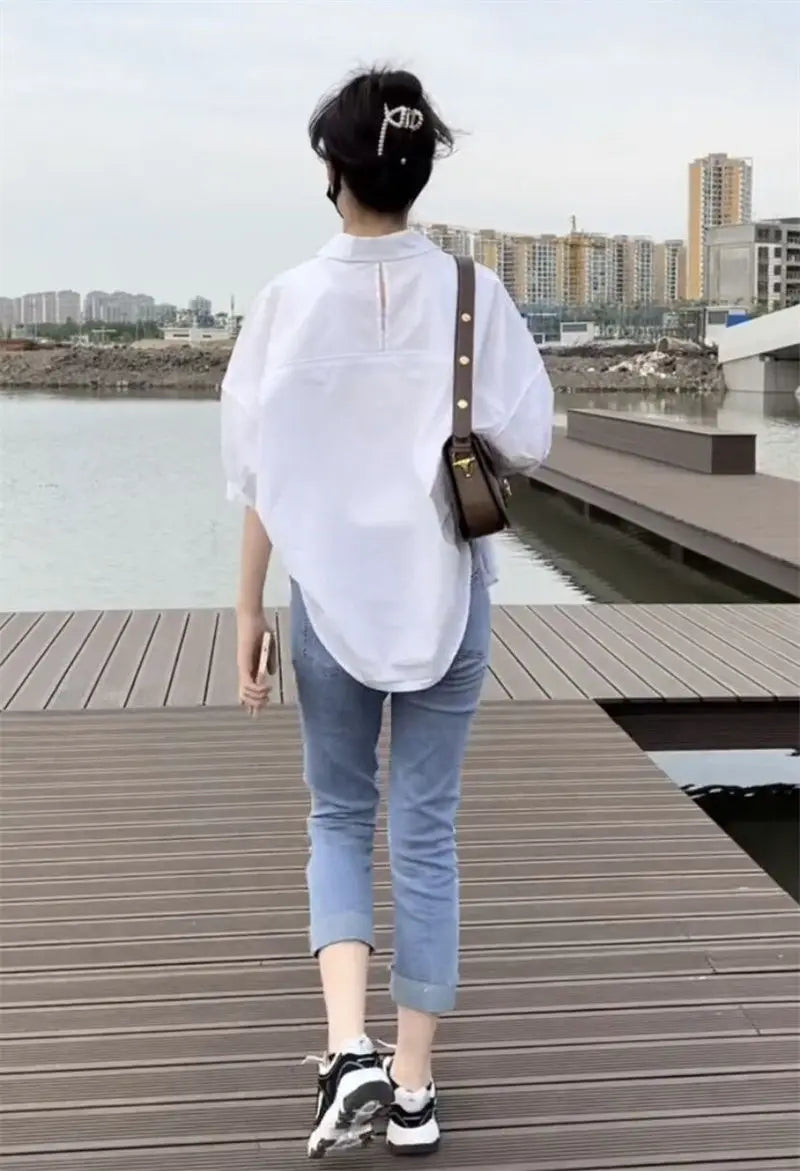 Cotton Mid-sleeve Thin Woman Blous Shir 2025 Summer New Loose Fashion Irregular Shirt Casual Vacation Top Korean Women's Clothes