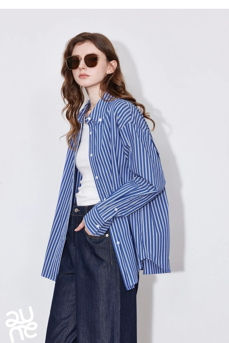 TOYOUTH Women Blouse Shirt 2025 Spring New Lyocell Long Sleeve Striped Cotton Sunscreen OL Shirt Tops