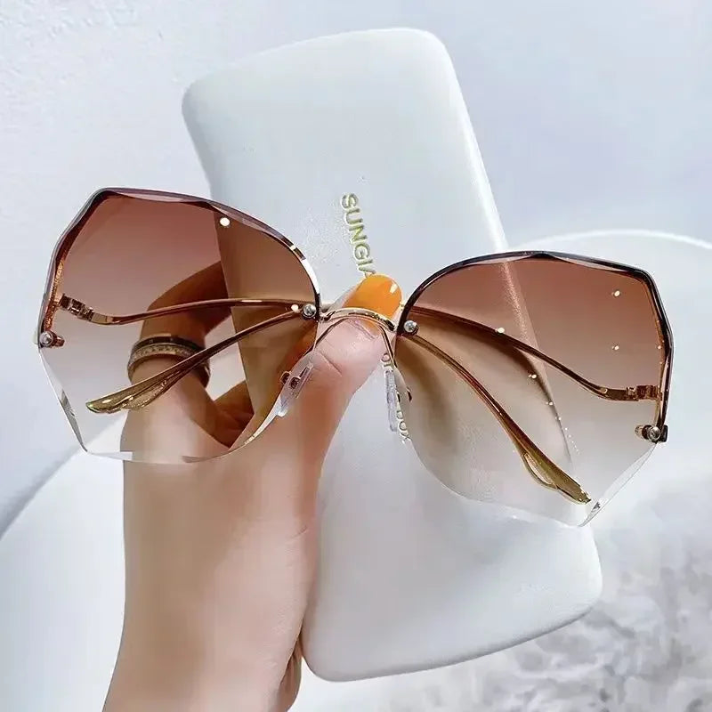 RBB Irregular Rimless Round Sunglasses for Women – Gradient Fashion Designer Shades
