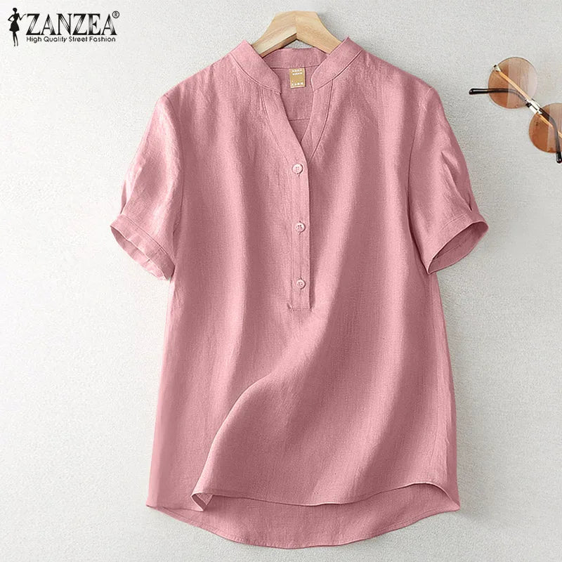 ZANZEA Summer Elegant Loose Chemise Cotton Blouse Vintage OL Work Tunic Tops Women Casual Solid Shirt V Neck Short Sleeve Blusas