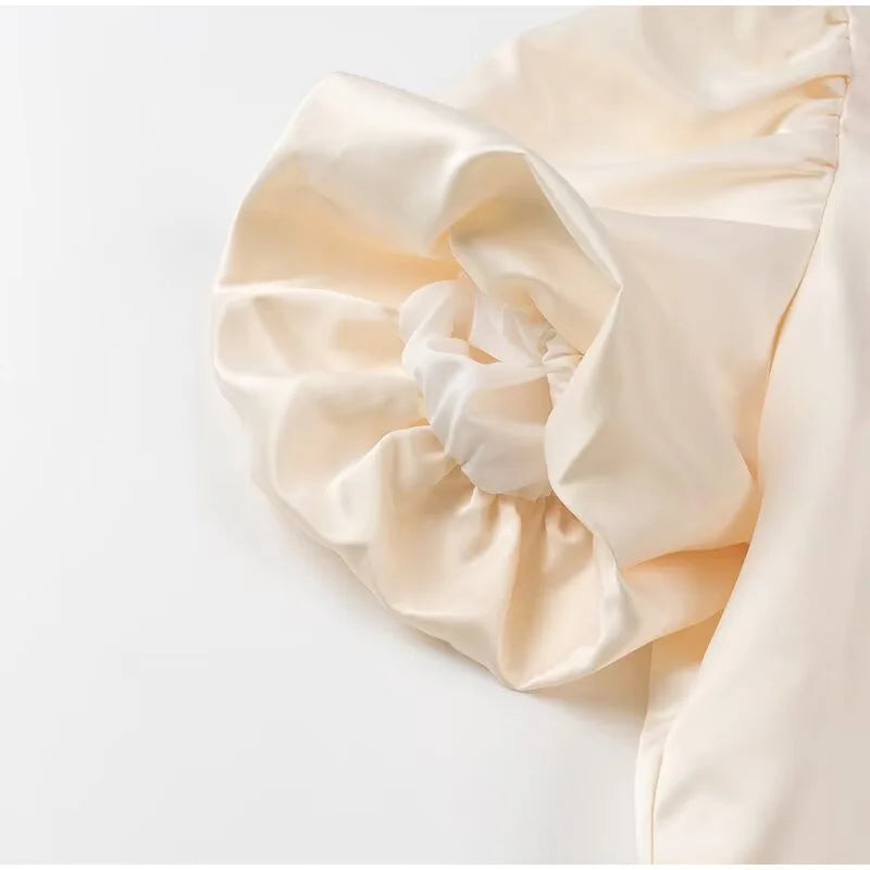 Spring Summer New Women's Fashion Casual Shirt Satin Bubble Sleeves Round Neck Loose Short Top Female Elegant Solid Blouses