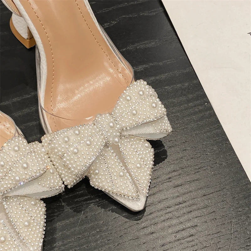 RBB Women's Transparent PVC High Heels with Pearl Bow – Pointed Toe Wedding & Party Pumps