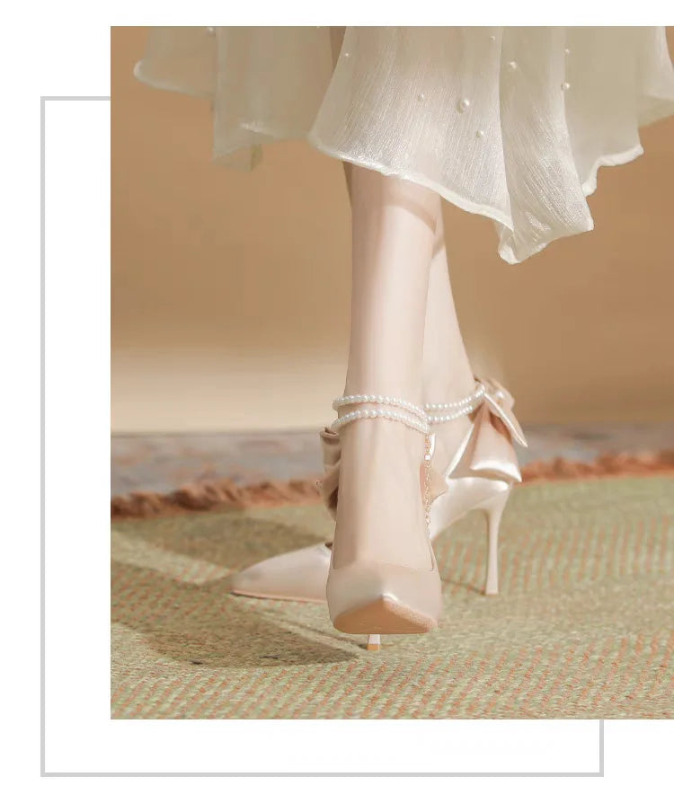 RBB Elegant White Stiletto Heels with Pearl Buckle & Satin Bow – Bridal & Party Pumps (Size 35–40)