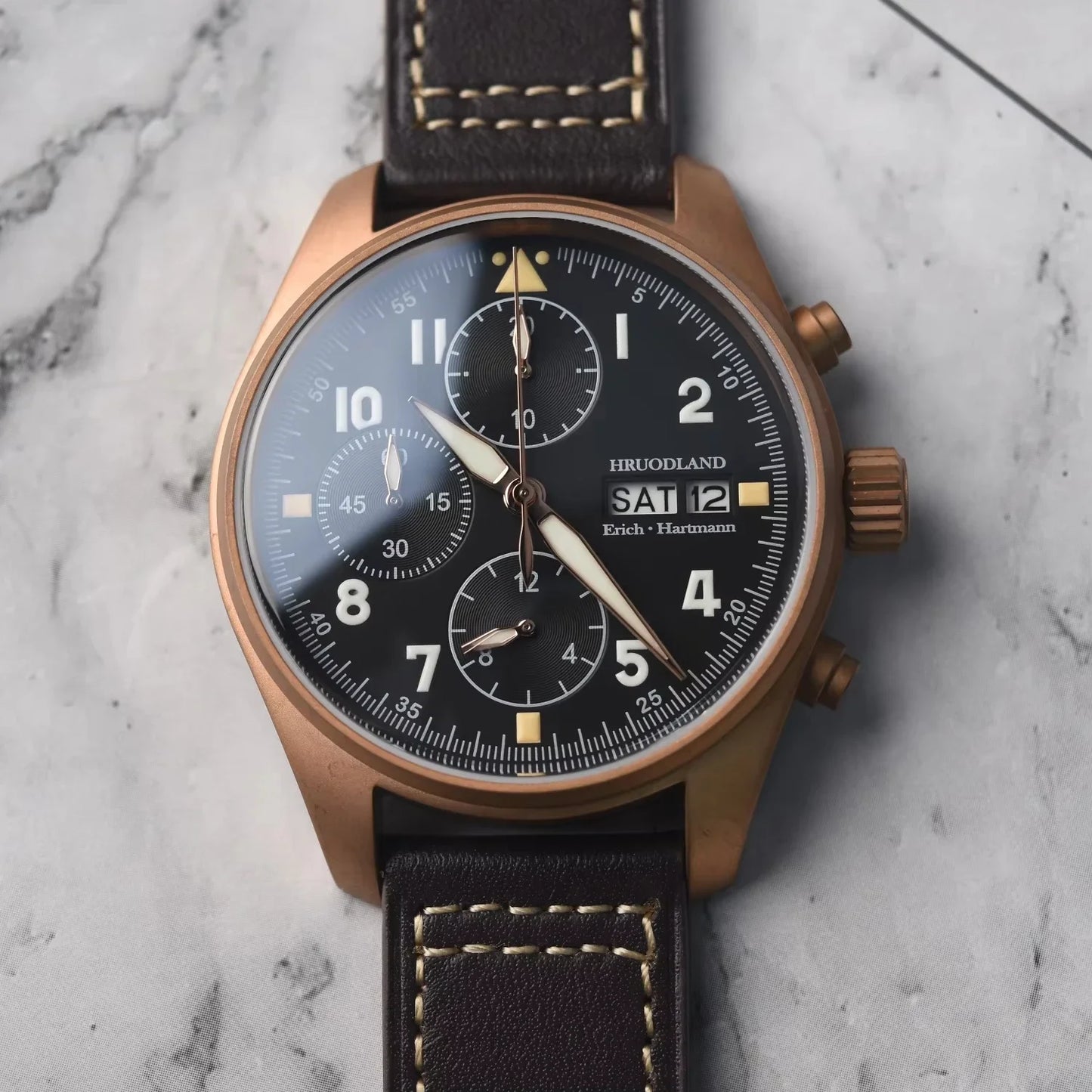 RBB Solid Bronze Men's Quartz Pilot Watch – Chronograph, Sapphire Crystal, 100M Waterproof, Leather Strap