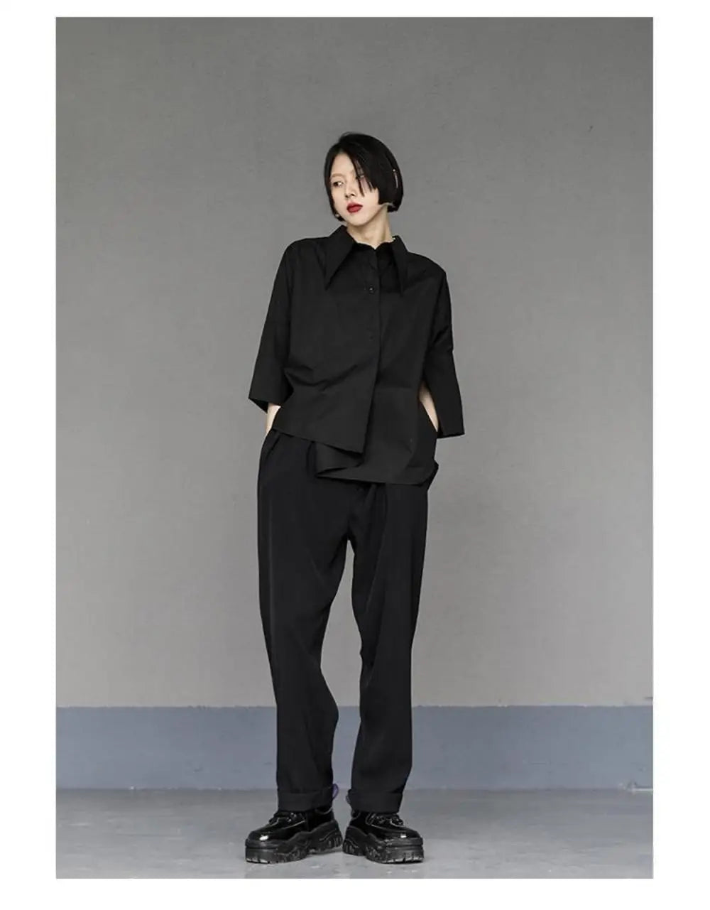 2025 Women Shirt Three Quarter Sleeve Blouse Irregular Hem Single breasted Solid Color Loose Lapel Summer Spring Shirt Top
