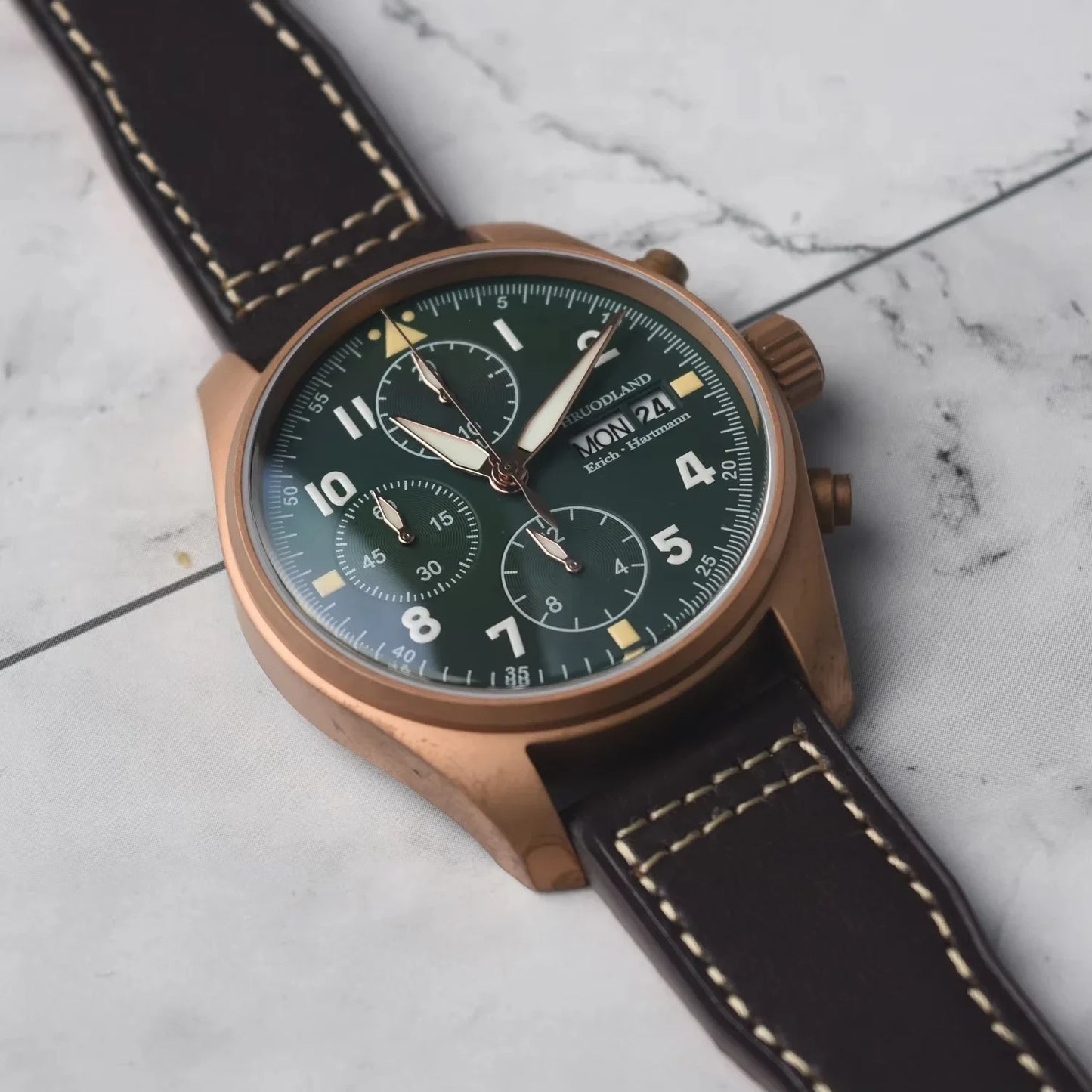 RBB Bronze Pilot Chronograph Watch – 100M Waterproof, Sapphire Crystal, Multifunction Quartz Men’s Wristwatch