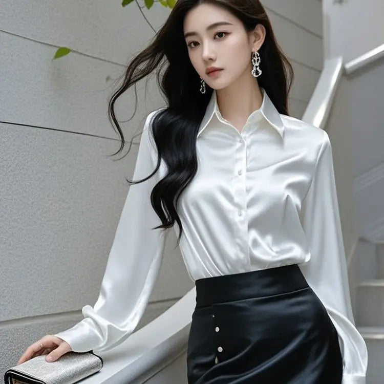 Elegant Silk Office Shirts Women Korean Fashion Y2k Clothes Slim Long Sleeve White Black Blusas Mujer Workwear Tops and Blouses