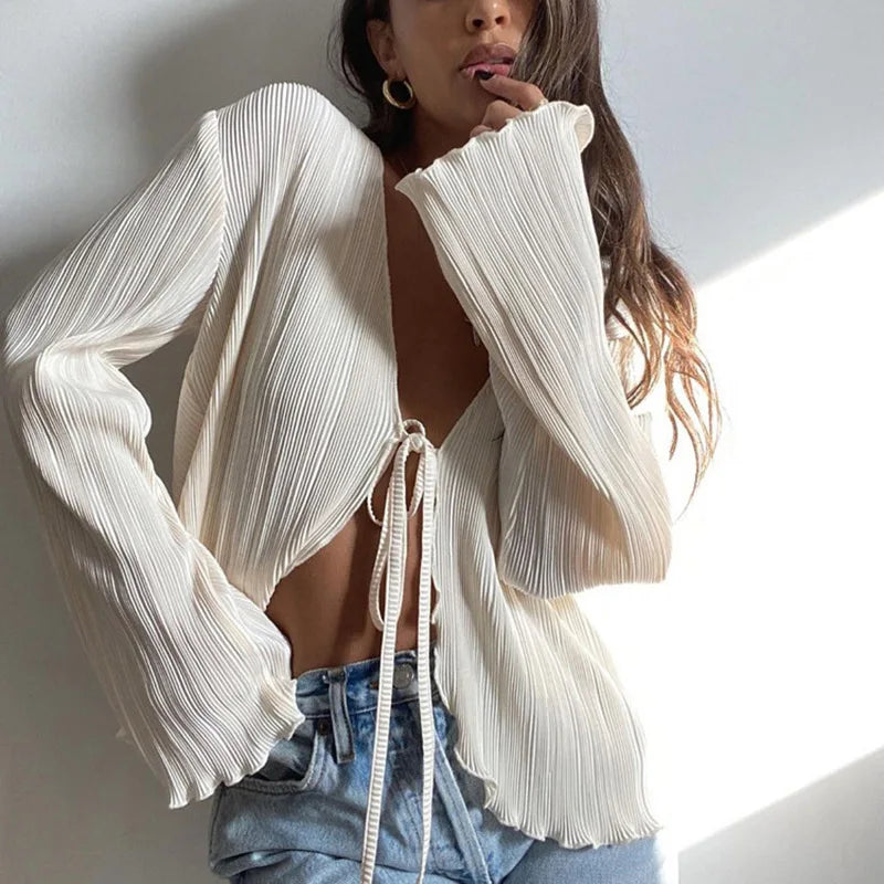 RBB Women's Pleated V-Neck Blouse – Long Flare Sleeve Tie-Up Cardigan Top