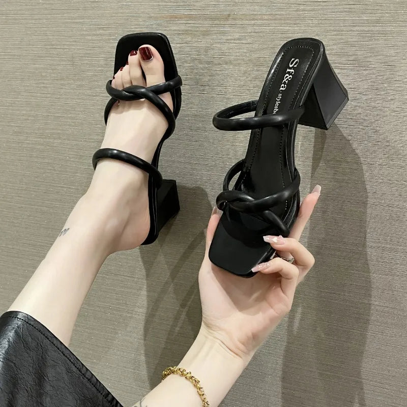 RBB Summer Retro High Heel Slippers – Versatile Thick Heel for Women