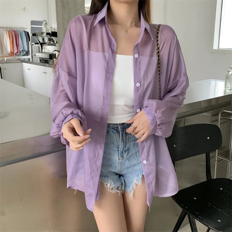 RBB Women’s Semi-Sheer Shimmer Long Sleeve Shirt – Lightweight Button-Down Collared Top for Spring/Summer