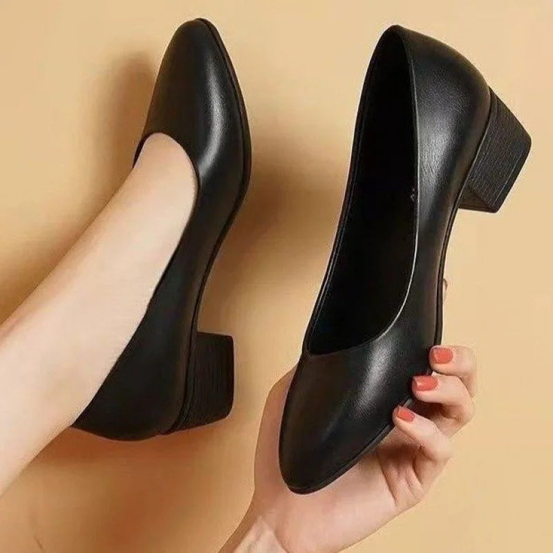 RBB 2025 Women's Genuine Leather Low-Heel Pumps – Slip-On Formal & Office Shoes for Daily Comfort