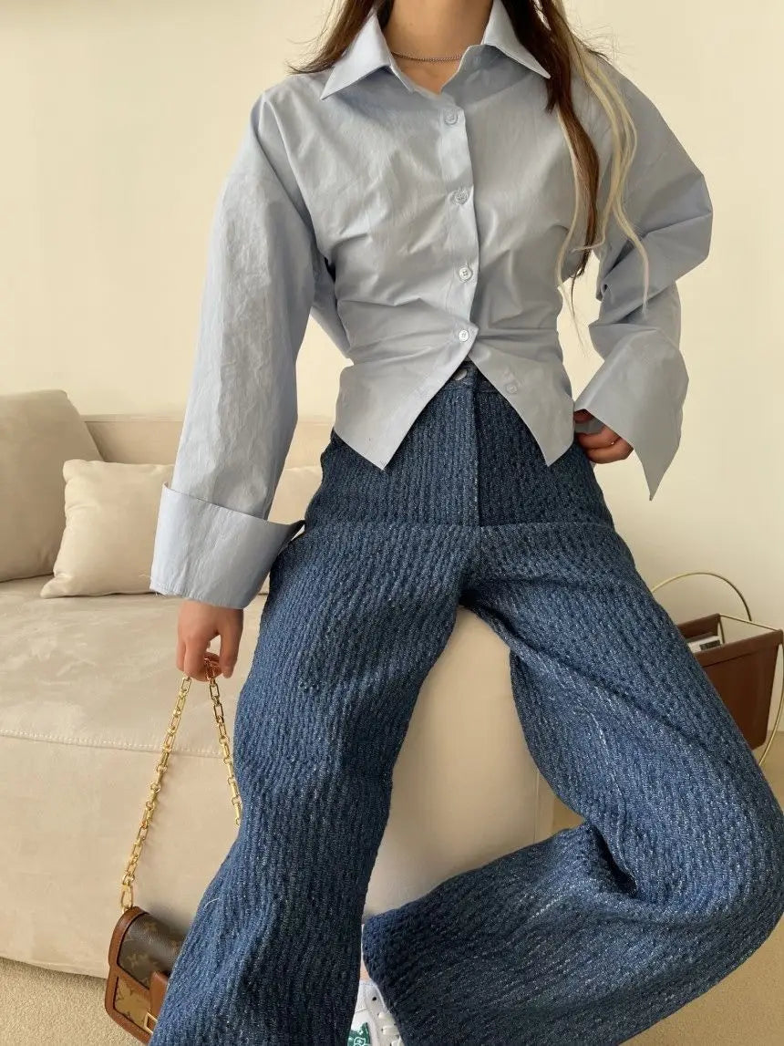 Chic Chiffon Shirts Women Criss-cross Drawstring Backless Trendy Design Turn-down Collar Single Breasted Ladies Solid Crop Tops