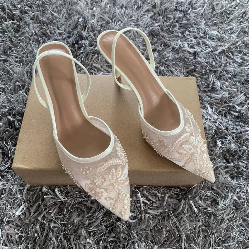 RBB Designer White Wedding Pumps – Embroidered Mesh Floral Slingback High Heels for Women