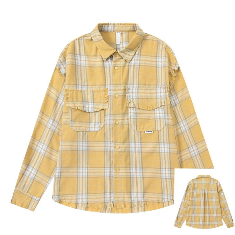 Elegant Women's Blouses 2024 Autumn 100 Cotton Yellow Plaid Shirts for Women Ladies Clothes in Offers Women's Long Sleeve Top