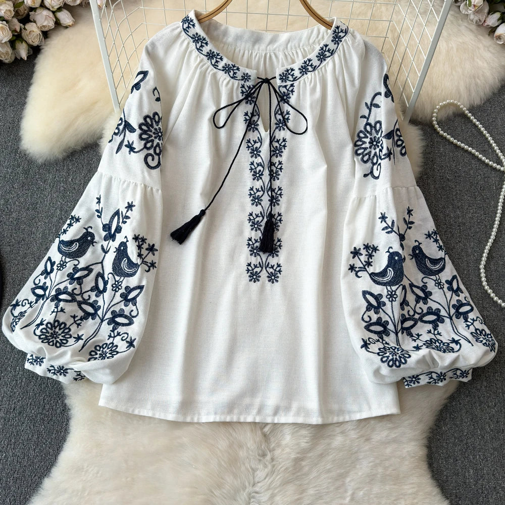 RBB Women's Retro Ethnic Embroidered Shirt – Style Loose Long Sleeve Blouse