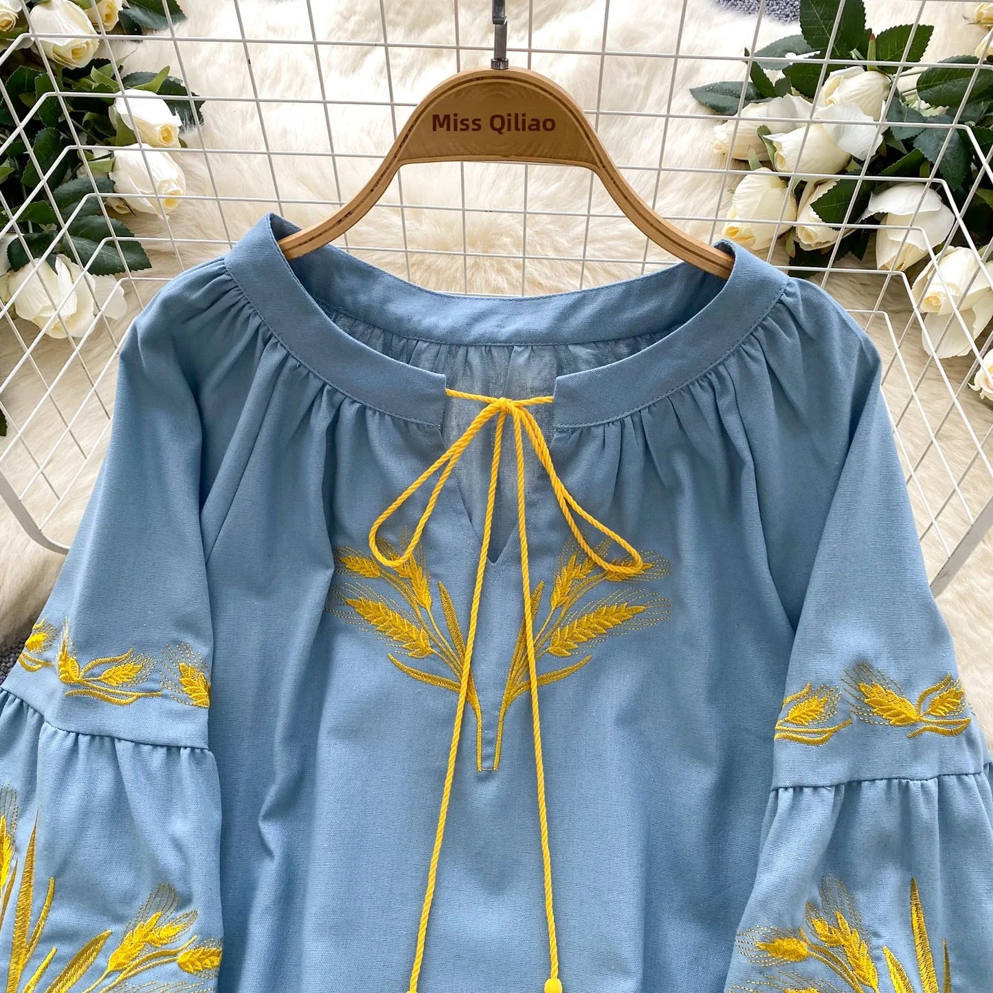 Retro Ethnic Heavy Embroidery Loose Casual round Ne Lantern Sve irt Women's Faionable Base Layer Top