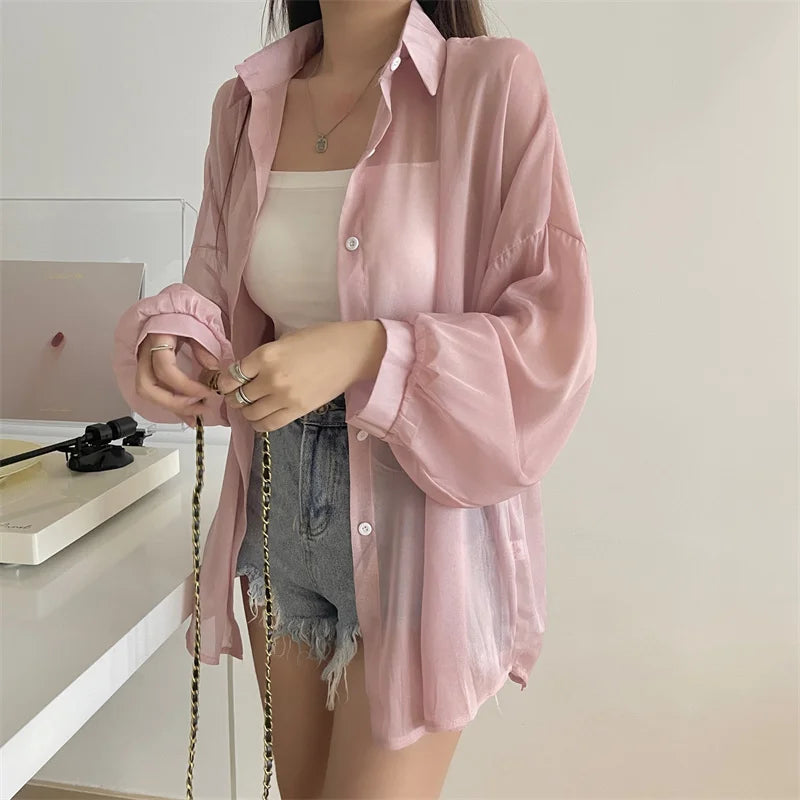 RBB Women’s Semi-Sheer Shimmer Long Sleeve Shirt – Lightweight Button-Down Collared Top for Spring/Summer